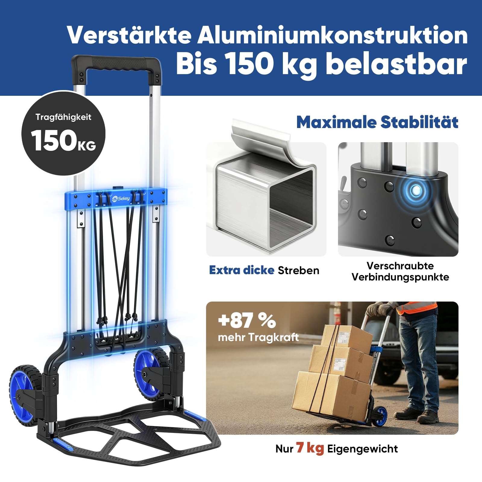 Sekey Klappbare Sackkarre & Schwerlast Transportkarre 150 kg, Verstärkter Alu Rahmen, XXL Anti-Rutsch-Pad & In Sekunden Faltbar, Höhenverstellbar mit TPR-Rädern, Inkl. 2 Expanderseile