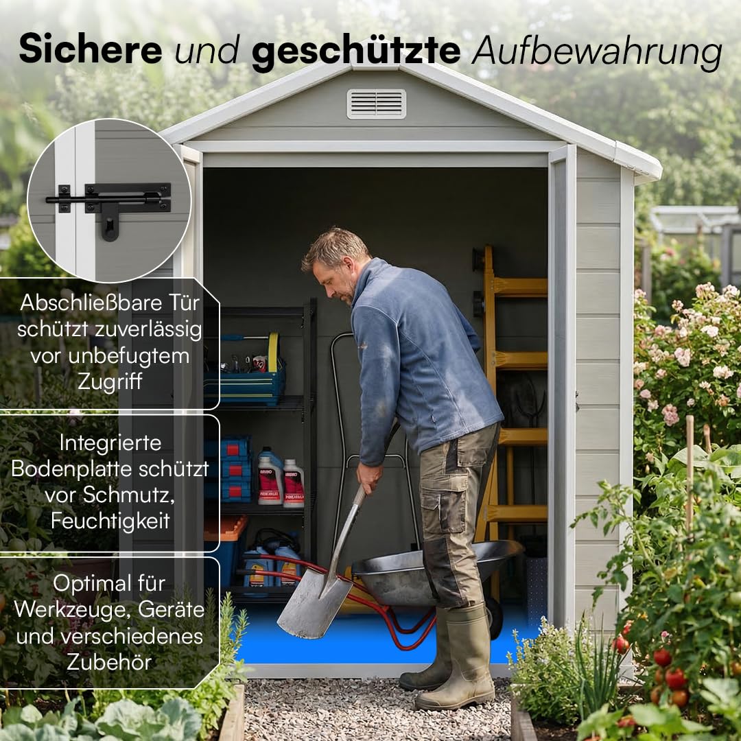 STEELSØN Novara Gerätehaus – Gartenschuppen mit Satteldach & Fenster – Gartenhaus 210x134x182 cm (HxTxB) – Geräteschuppen aus Kunststoff in Grau – Gartenhütte wetterfest & rostfrei – Schuppen