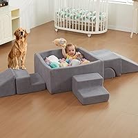 Vista 3 de STAOLENE Bloques de escalada de espuma suave con pozo de bolas, 6 juguetes grises de escalada para niños pequeños, juego de actividades de escalada
