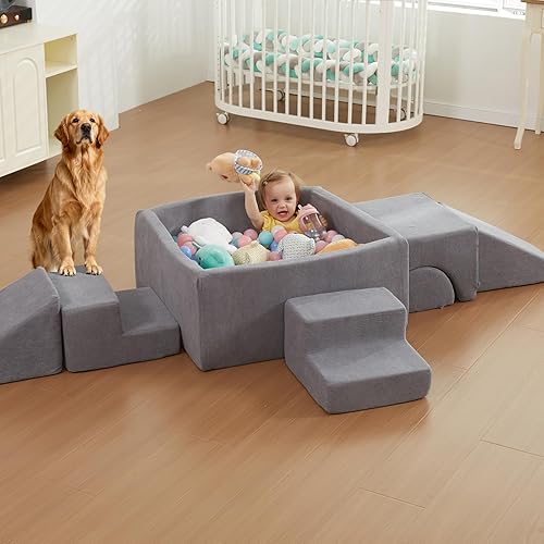 Miniatura 3 de STAOLENE Bloques de escalada de espuma suave con pozo de bolas, 6 juguetes grises de escalada para niños pequeños, juego de actividades de escalada