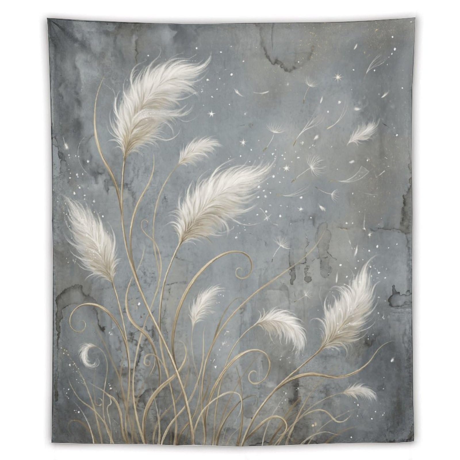 H3B8U2Y5 White Feather Botanical Wall Tapestry, Botanical Watercolor Style