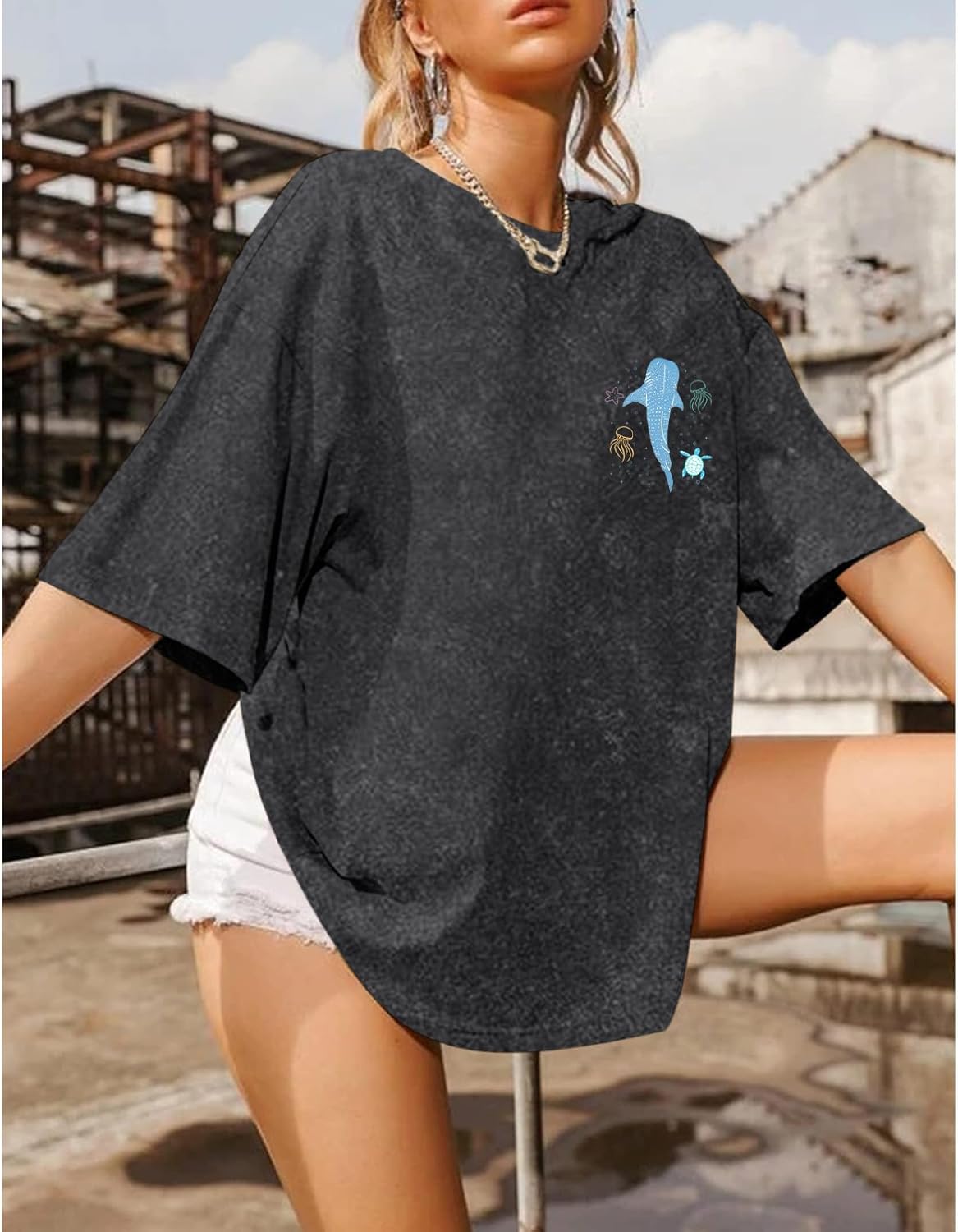 Christian Oversized Shirt for Women Whale Shark Jesus Faith Bible Verse Shirts Graphic Tees Acid Wash Tshirts - Image 2