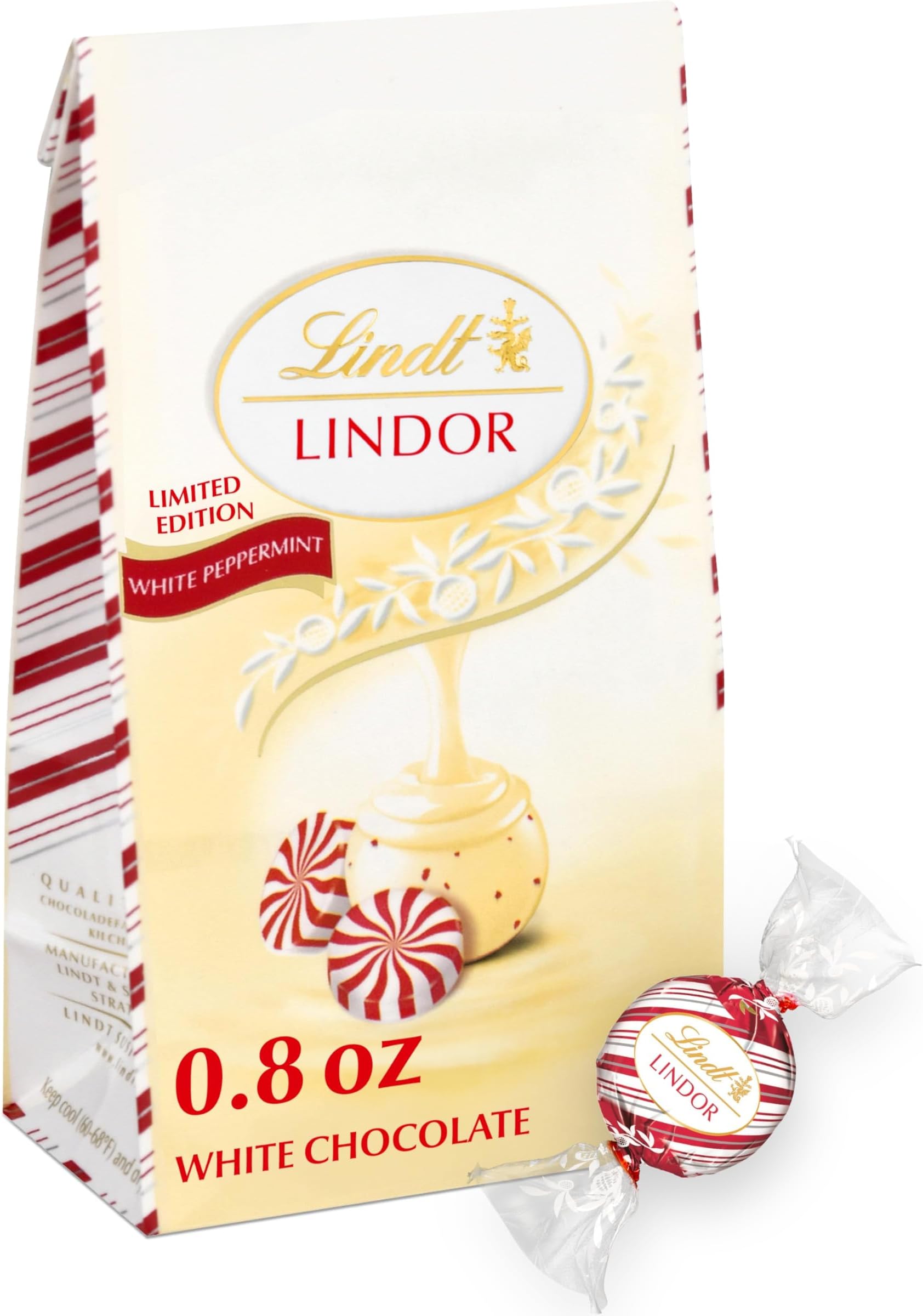 Lindt Holiday Peppermint White Chocolate Truffles Mini Gift Bag, Kosher, Great for Holiday Gifting, 0.8 Oz