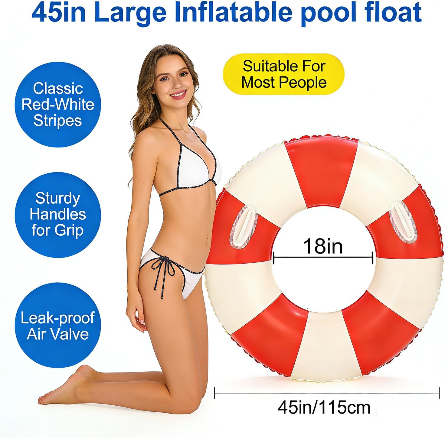 2PCS XL Striped Beach Inflatable 45" Pool Floats for Adult Bachelorette Swim Ring Pool Floaties with Handle Inflatable Swimming Pool Raft Party Water Summer Float Party Supplies