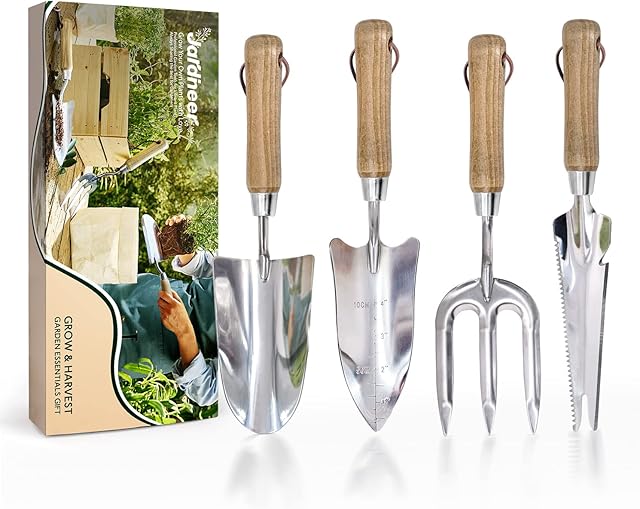 Jardineer Garden Tool Set, 4Pcs Gardening Tools Set Stainless Steel, Garden Hand Tools with Weatherproofed Wood Handles, Ideal Gardening Gift Set for Women Men