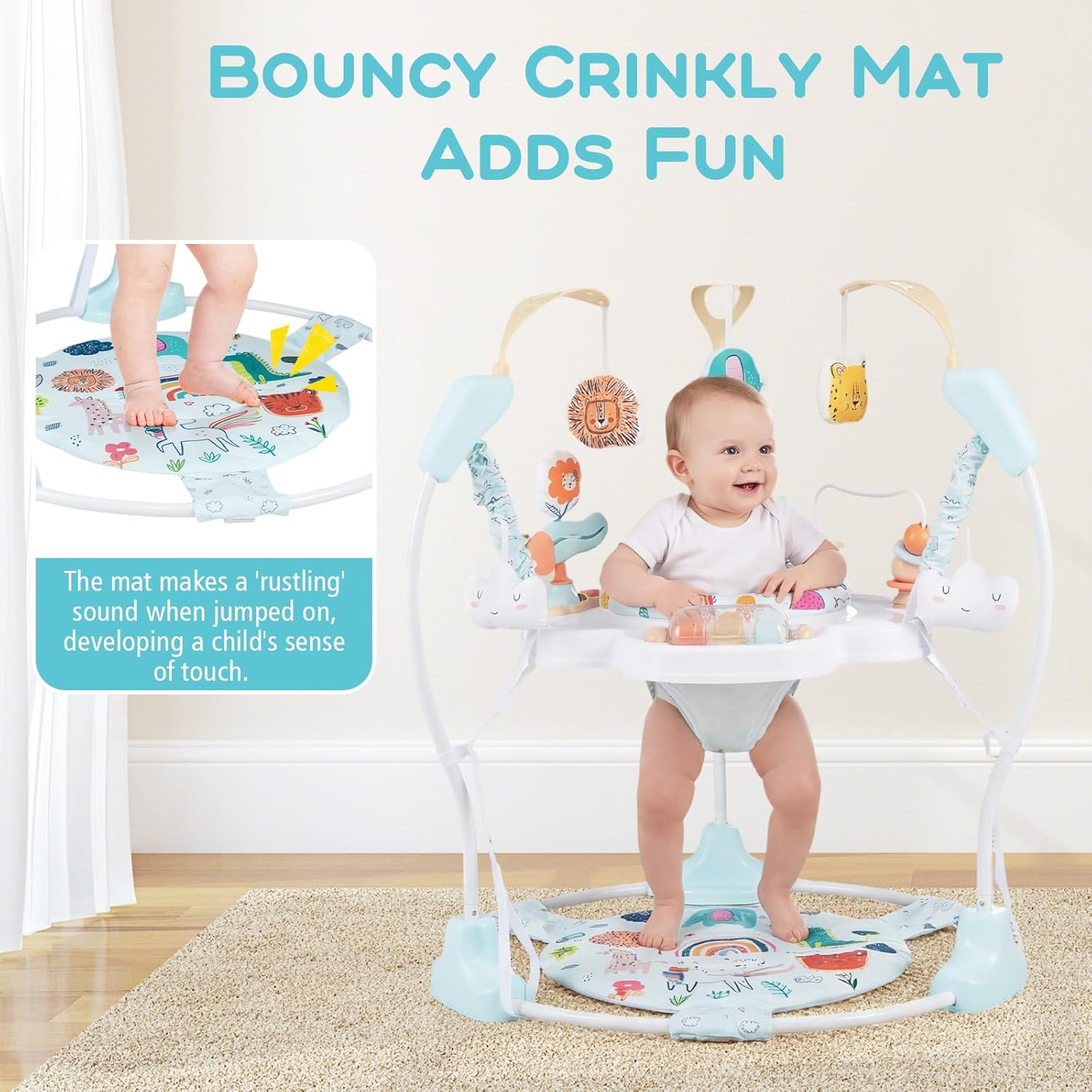 INFANS Baby Activity Center, 3 in 1 Play Center Jumpers and Bouncers with Music, Lights, Interactive Toys, 360°Rotating Seat, Adjustable Heights, Exersaucer Learning Toys for 6-12 Months (Light Blue)