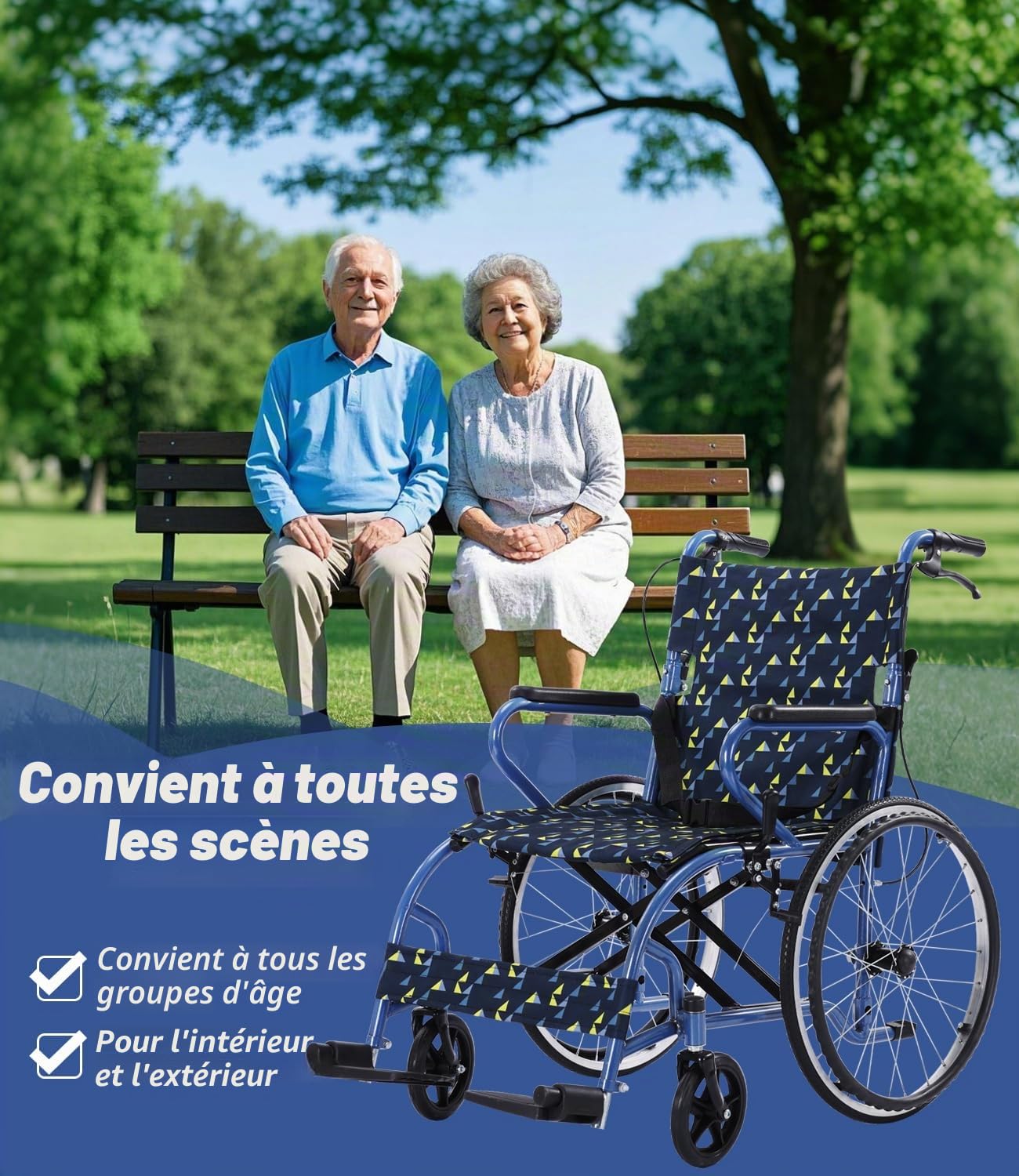 Fauteuil roulant pliable, léger, jusqu'à 120 kg, double frein, 12,5 kg, auto-propulsion, personnes âgées, roue arrière 50 cm anti-crevaison