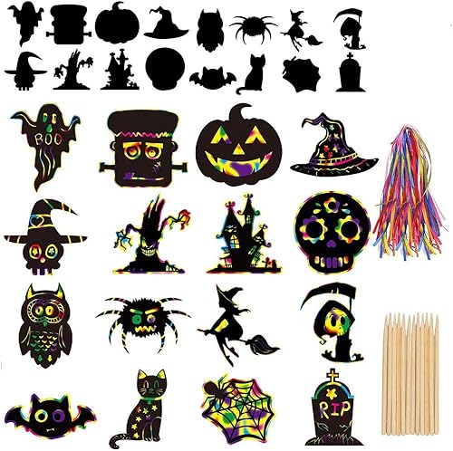 CCINEE Juego de 80 piezas de papel para rascar con temática de Halloween con 12 lápices de madera y 80 cintas para suministros de fiesta de Halloween