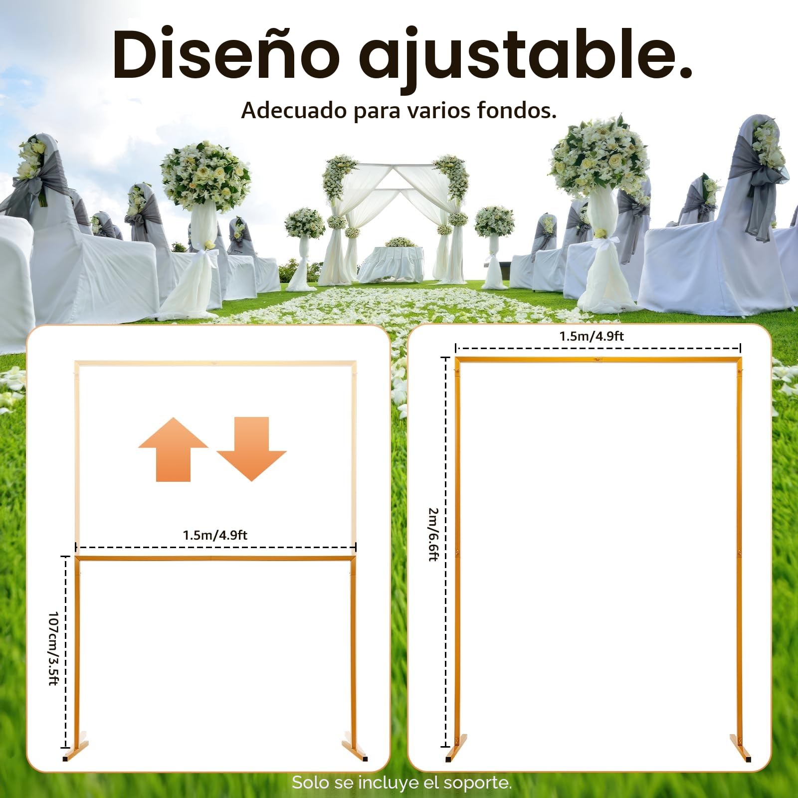 Arco de boda cuadrado, soporte metálico, arco de globos, bricolaje flores muslin guirnaldas, decoración de fiesta y ceremonia, exterior interior estable reutilizable, 2 x 1,5 m