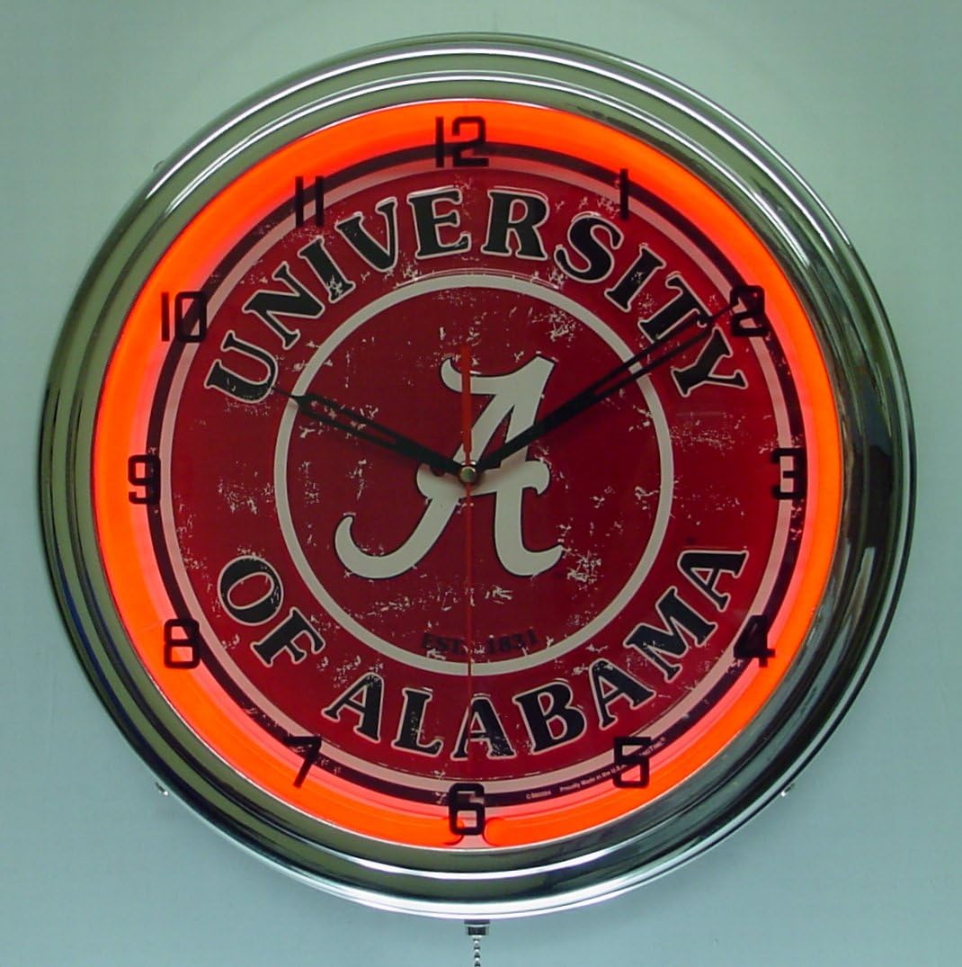 University of Alabama Logo Sign Neon Lighted Wall Clock Chrome Red