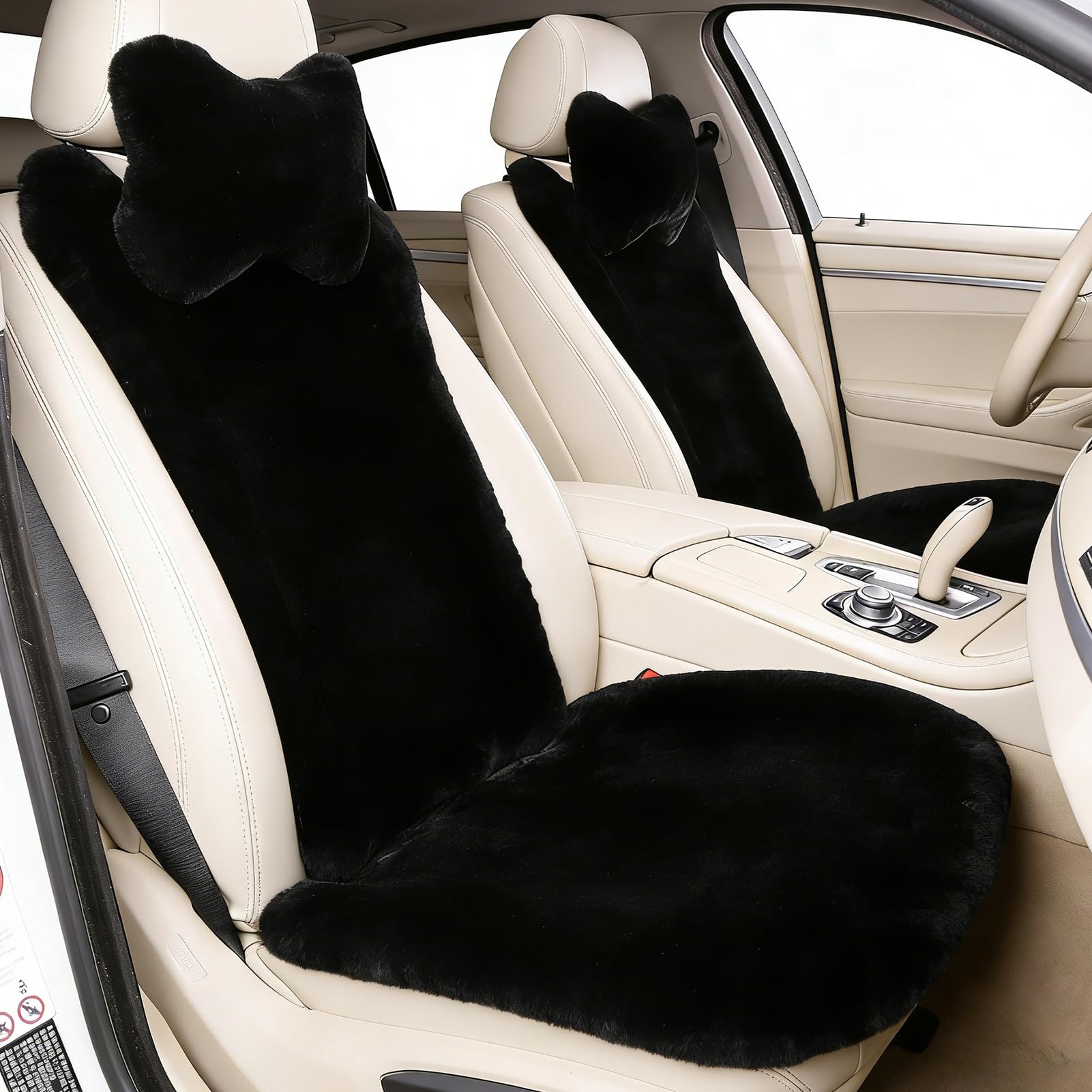 OGLAND 2 Pack Fuzzy Fluffy Fur Sheepskin Car Seat Covers for Auto Soft Cozy Wool Universal Seat Cushion Accessories Automobiles (Black)