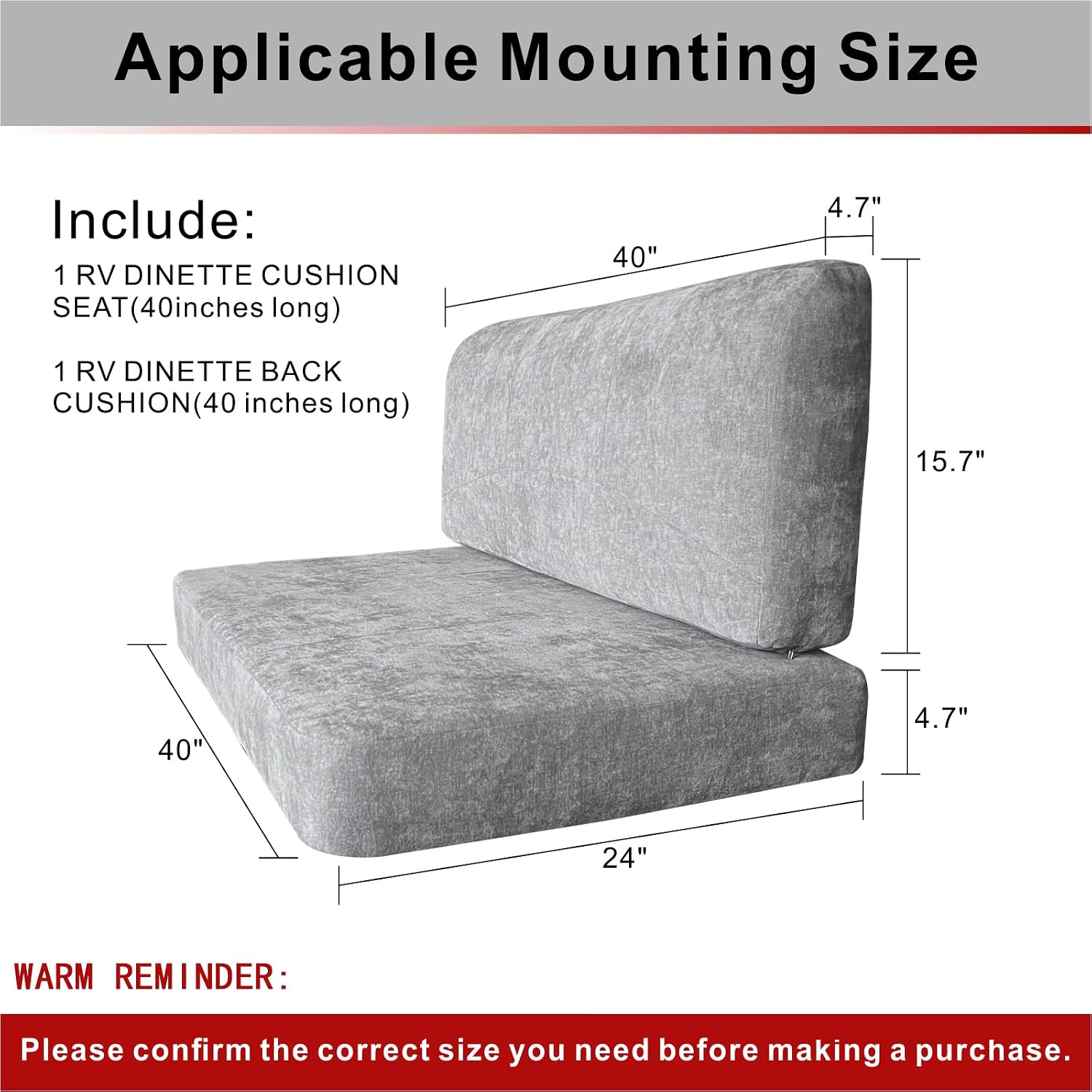 Dulepax RV Dinette Booth Cushions with Memory Foam，Replacement Camper Cushions，Dinette Seat for Camper Trailer，RV Dinette Seat Including 1 Backrest & 1 Bench,RV Sofa,RV Couch,Grey,40inch.