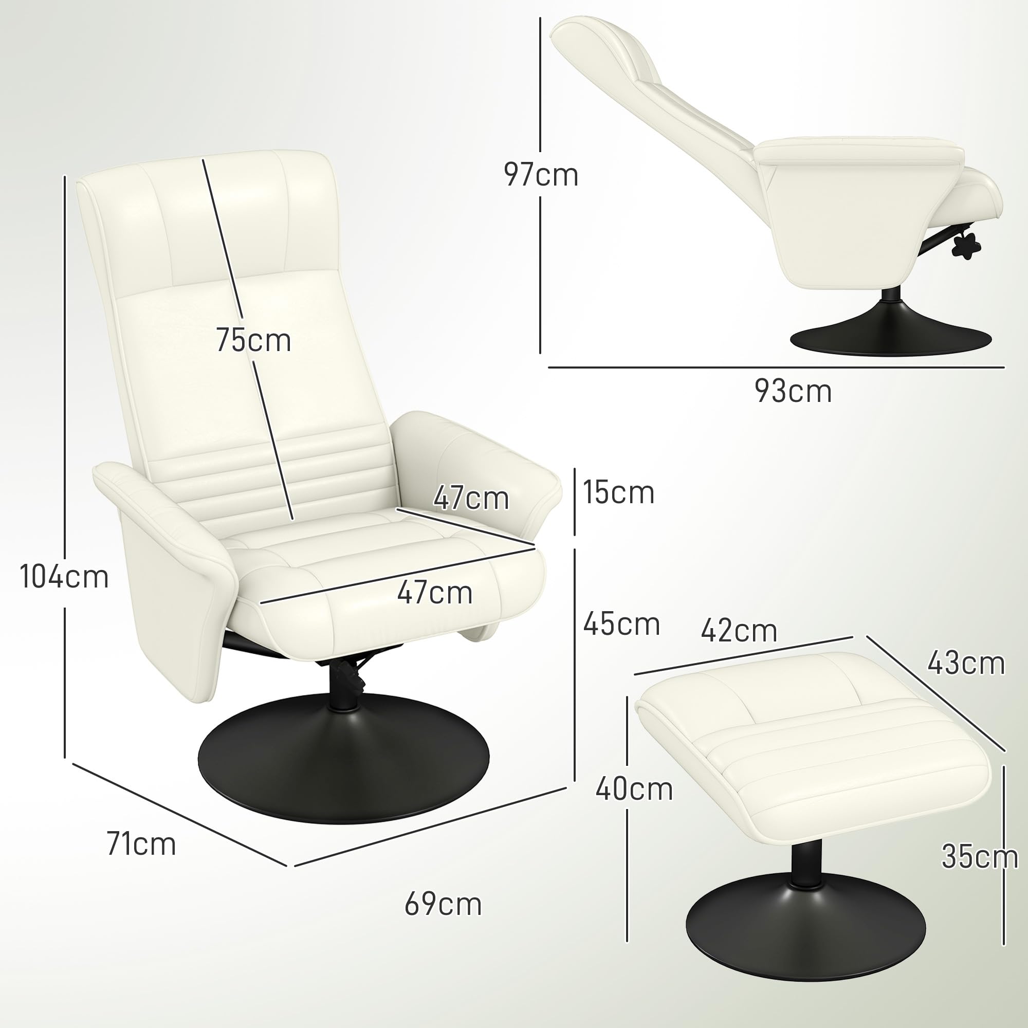 HOMCOM Fotel relaksacyjny z taboretem, obracany o 360° fotel telewizyjny z funkcją leżenia, tapicerowany fotel TV o wyglądzie mikrofibry, do salonu, kremowo-biały