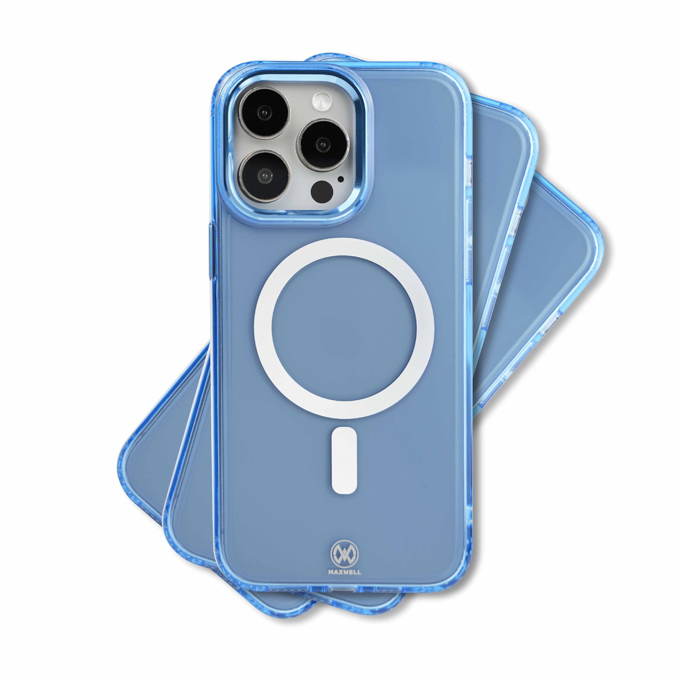 MaxwellCrystalline Compatible with MagSafe Case for iPhone 15 Pro Max - Clear Drop-Proof Protective Cover with Metallic Camera Lens Protection, Wireless Charging Compatible (Blue)