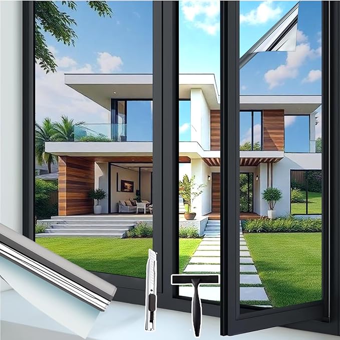 Hitzeschutzfolie Fenster Spiegelfolie Fenster Sichtschutz UV schutzfolie Fenster Sonnenschutzfolie Innen & Außen Thermofolie Fenster gegen Hitze Selbstklebend Silber 44.5x200cm