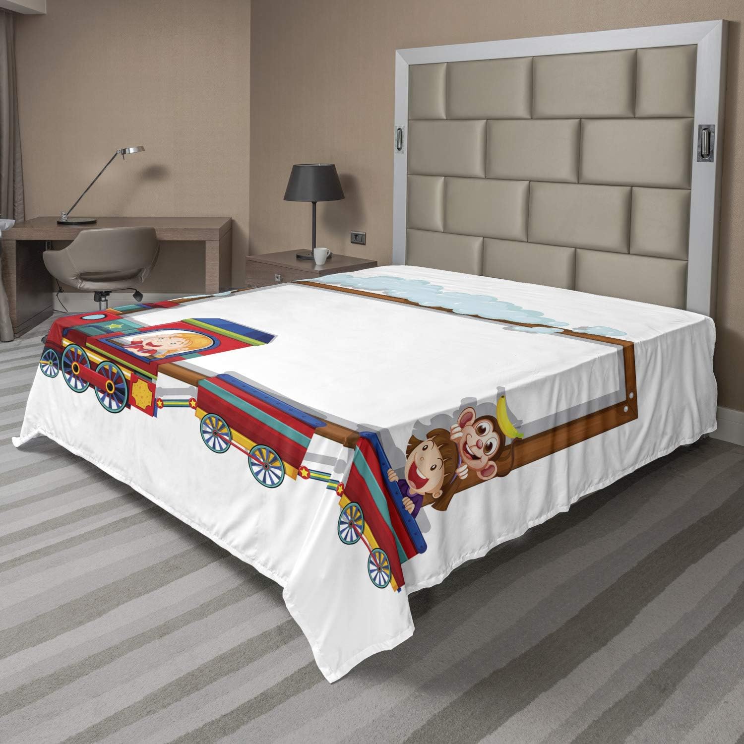 Ambesonne Monkey Flat Sheet, Joyful Traveling on a Cartoon Train with Funny Monkey Theme, Soft Comfortable Top Sheet Decorative Bedding 1 Piece, Full Size, Multicolor
