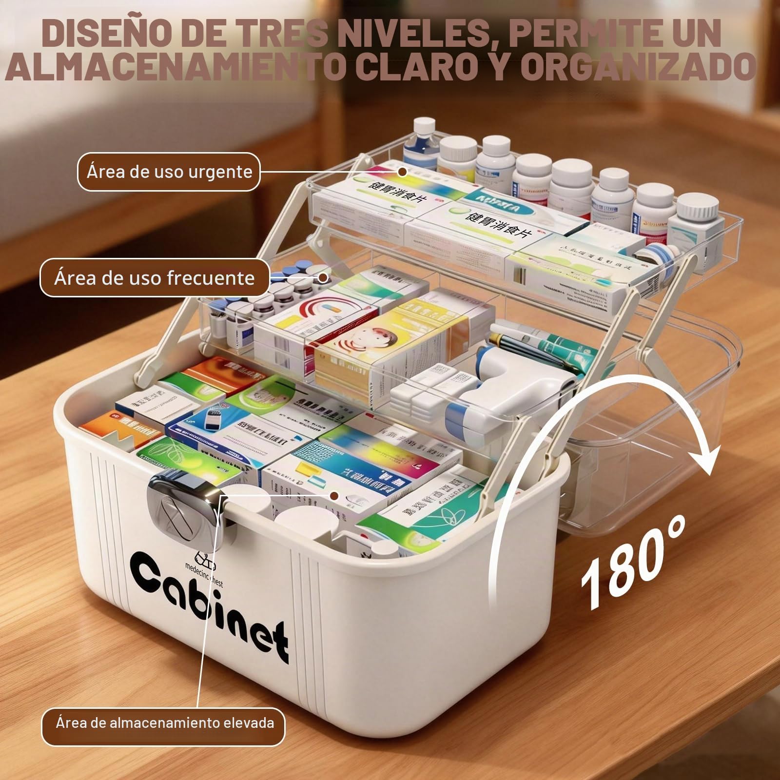 Caja Medicamentos & Medicine Organizer – Caja Almacenaje Plástico 3 Niveles con Asa, Gran Capacidad para Hogar, Viajes, Uso Diario (31.5 x 22.5 x 21.5 cm)