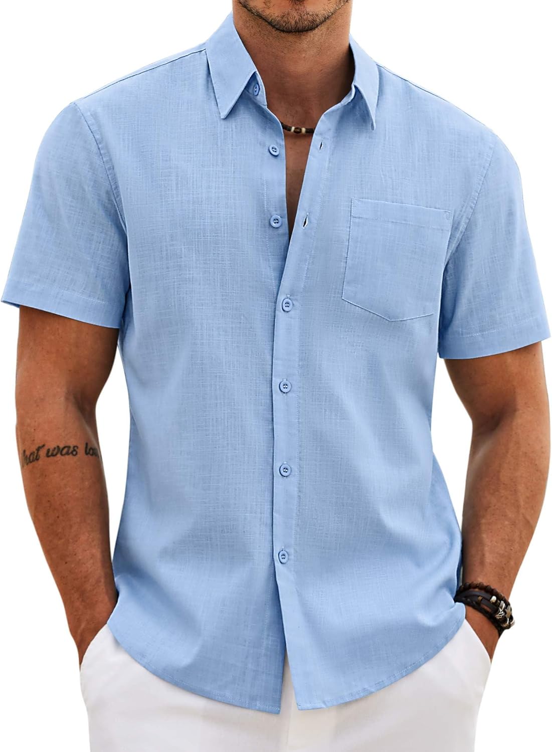 COOFANDY Men's Button Down Short Sleeve Shirt Casual Cotton Summer Beach Wedding Linen Shirts with Pocket