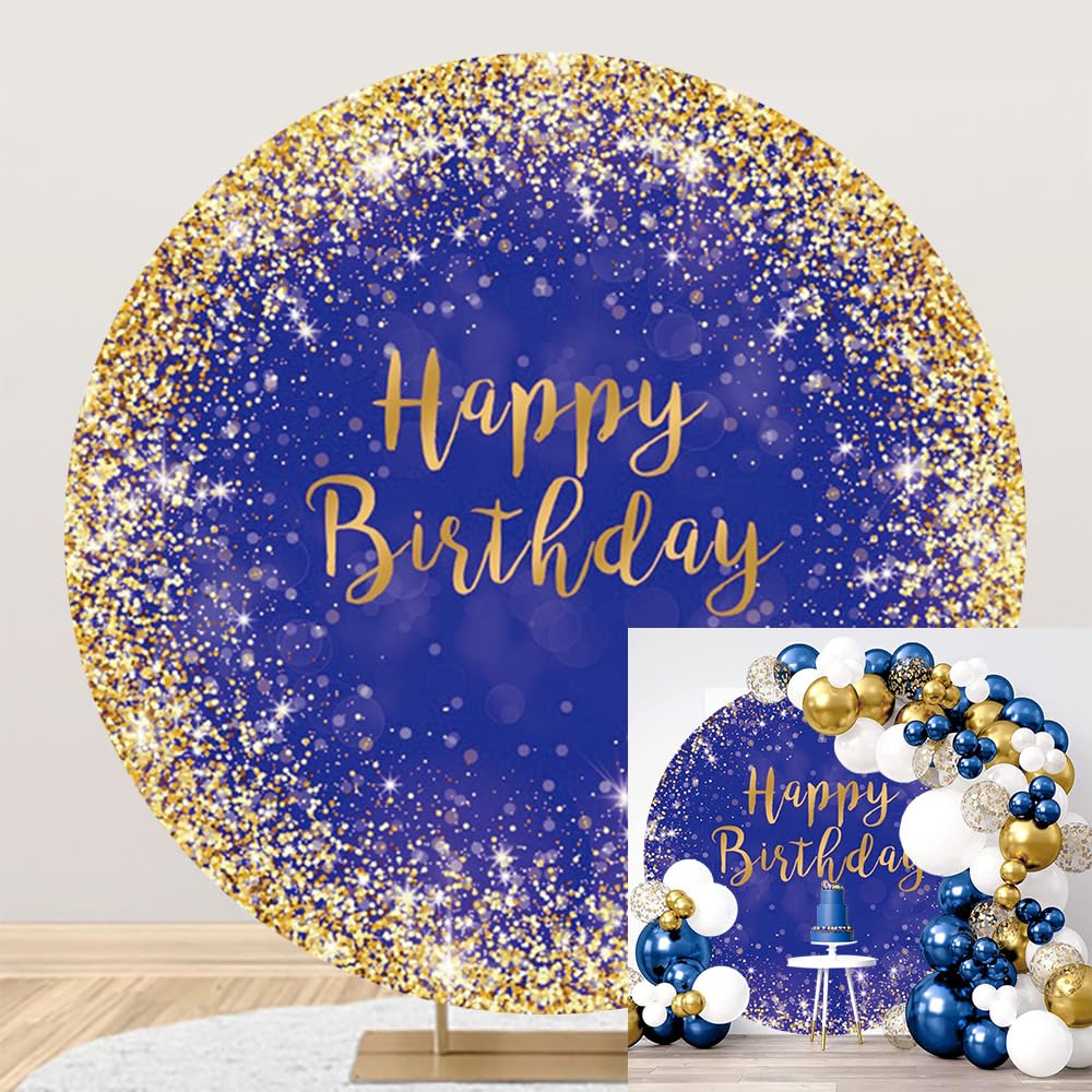 Diametro 2,3m Buon Compleanno Sfondo Rotondo Oro Glitter Dots Royalblue Sfondo per la Fotografia Festa di Compleanno Baby Shower Decorazione Photo Booth Oggetti di Scena, Poliestere