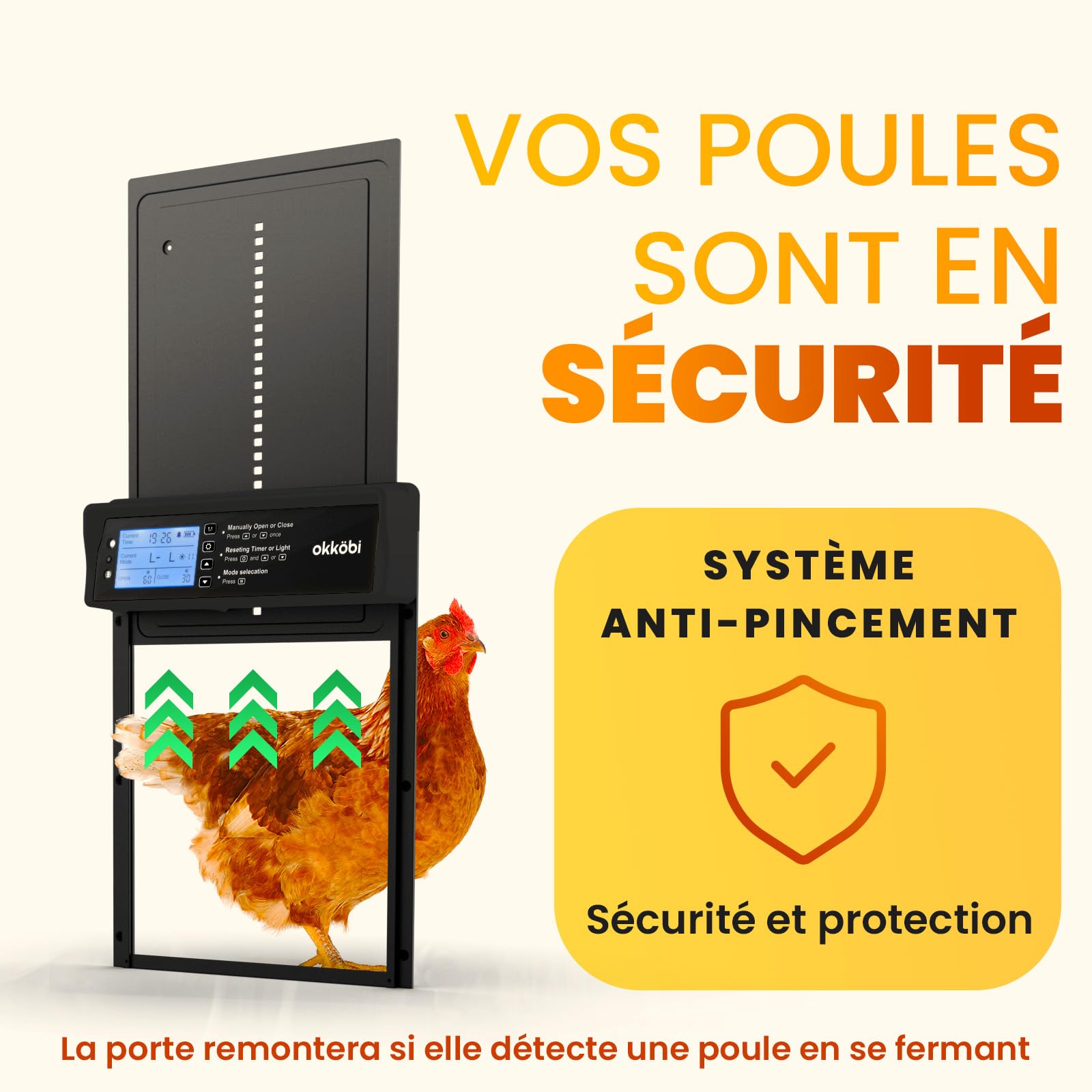 Okkobi Porte Automatique Poulailler Solaire - Ecran LCD - Télécommande, capteur de lumière et minuterie - Sécurité et tranquillité d'esprit : Fonction Anti-pincement - Protection 5 Ans - Noir