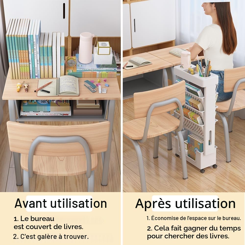 Nuodwell Bibliothèque mobile avec roue, grande capacité, porte-revues, étagère amovible, chariot enfant, chariot multifonction maison/salle de classe (blanc)