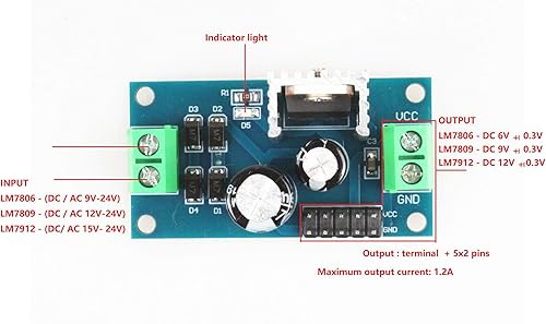 Miniatura 2 de NOYITO Módulo regulador de voltaje de tres terminales LM7805 LM7806 LM7809 LM7812 DC o AC a DC 5V 6V 9V 12V Salida 1.2A Módulo de fuente de