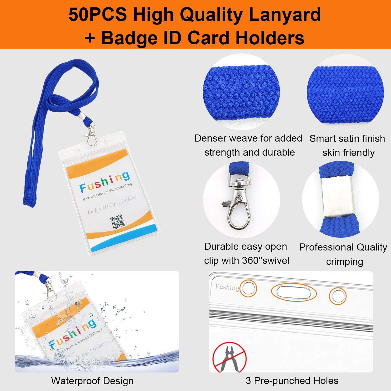 Fushing 50pcs Clear Plastic Vertical Name Tags Badge ID Card Holders and Blue Neck Lanyards with Swivel Hook for School, Festival, Event (L)