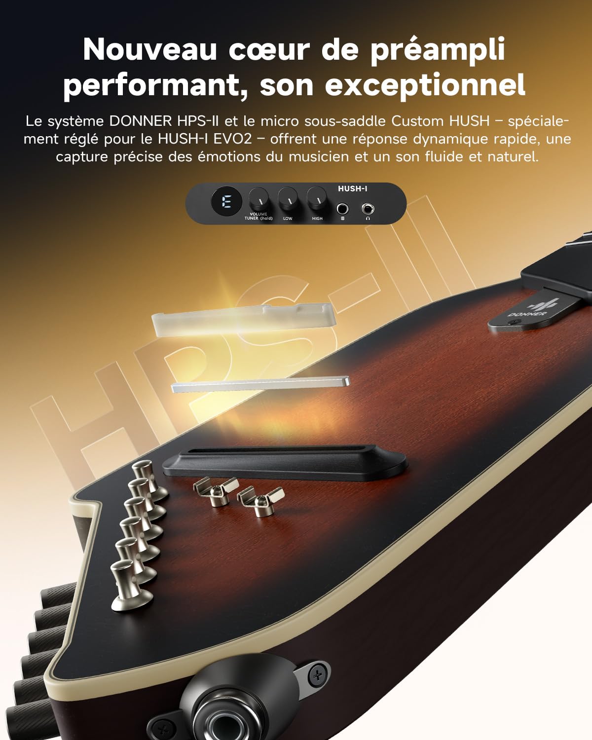 Donner HUSH I EVO2 Guitare Acoustique-Électrique de Voyage, Ultra-Légère, Sans Tête, avec Accordeur Intégré, Supports Amovibles et Sortie Casque – Sunburst