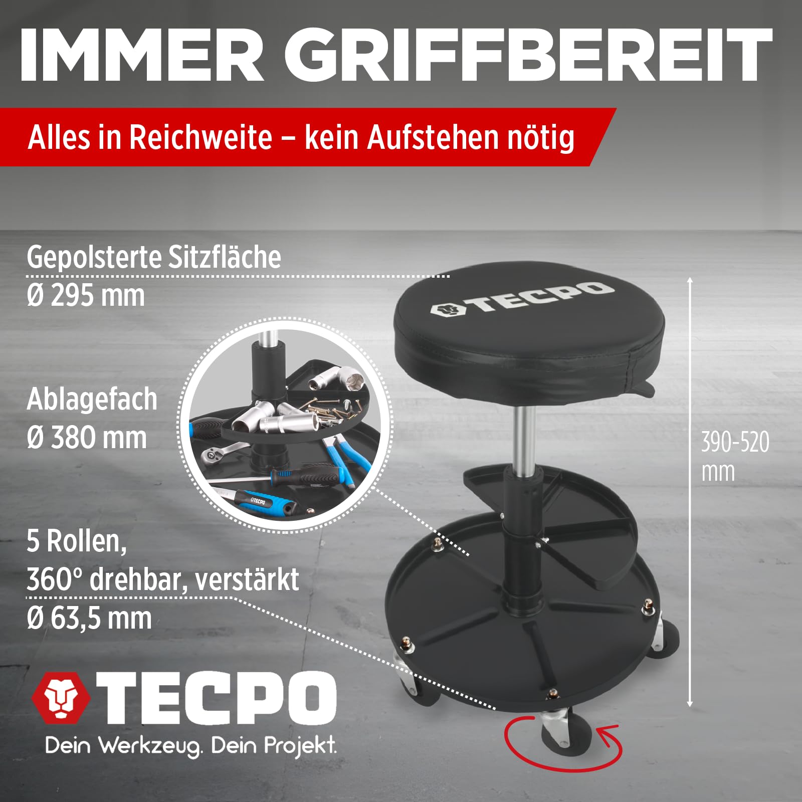 TECPO Werkstatthocker mit Zwei Ablagen 135 Kg Tragfähigkeit 390-520mm Höhe Rollsitz Rollhocker Werkstatt Arbeits Hocker mit Rollen höhenverstellbar Sitz