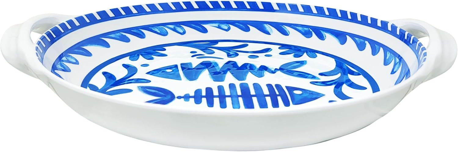 Le Cadeaux Luxury Melamine Large Two Handled 16 inch Shallow Serving Bowl (Blue)