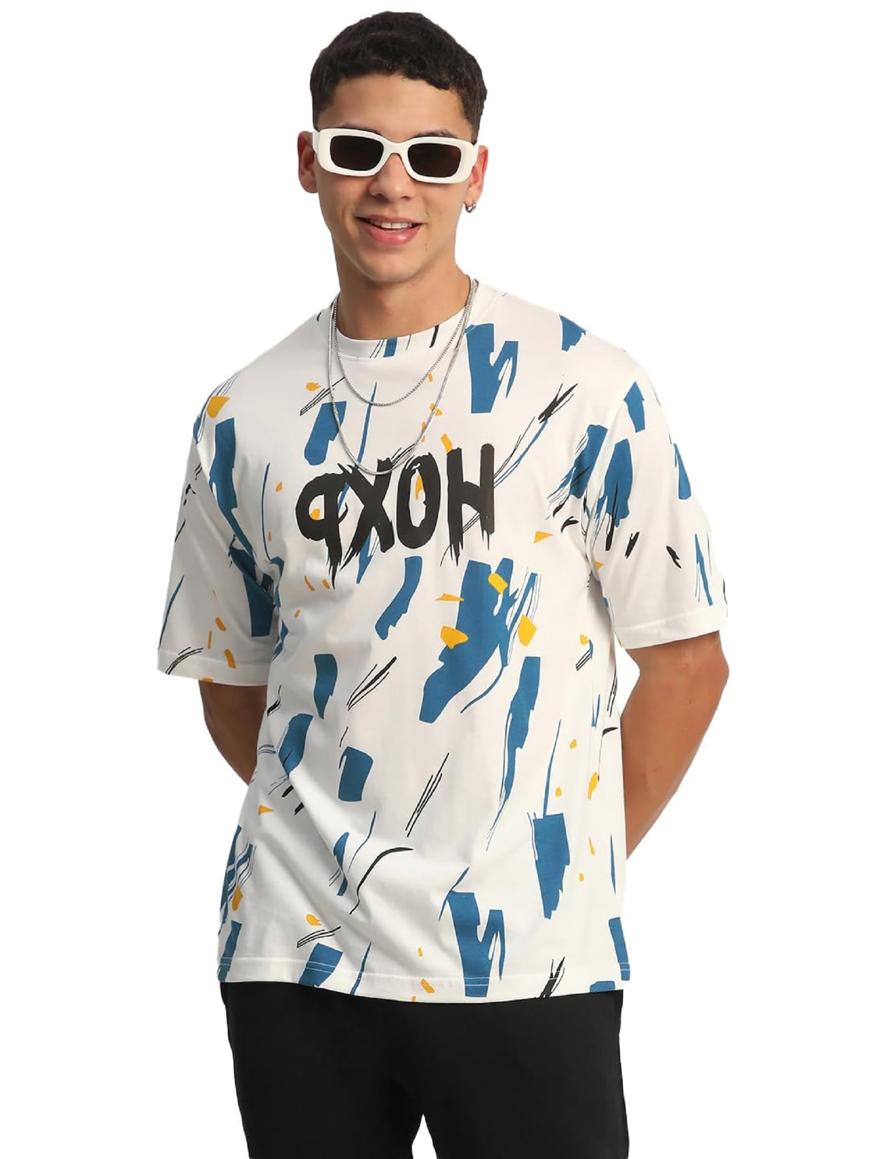 THALASI® T-shirt girocollo oversize in puro cotone con stampa su tutta la superficie, bianca, blu e con spalle cadenti, maglietta con maniche lunghe in stile bohémien, per uomini e ragazzi
