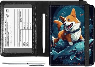 Passport and Vaccine Card Holder Combo, PU Leather RFID Blocking Passport Holder Cover Case for Women, Travel Passport Wallet Leather Case with Elastic Band, with Pen, Cute Corgi A