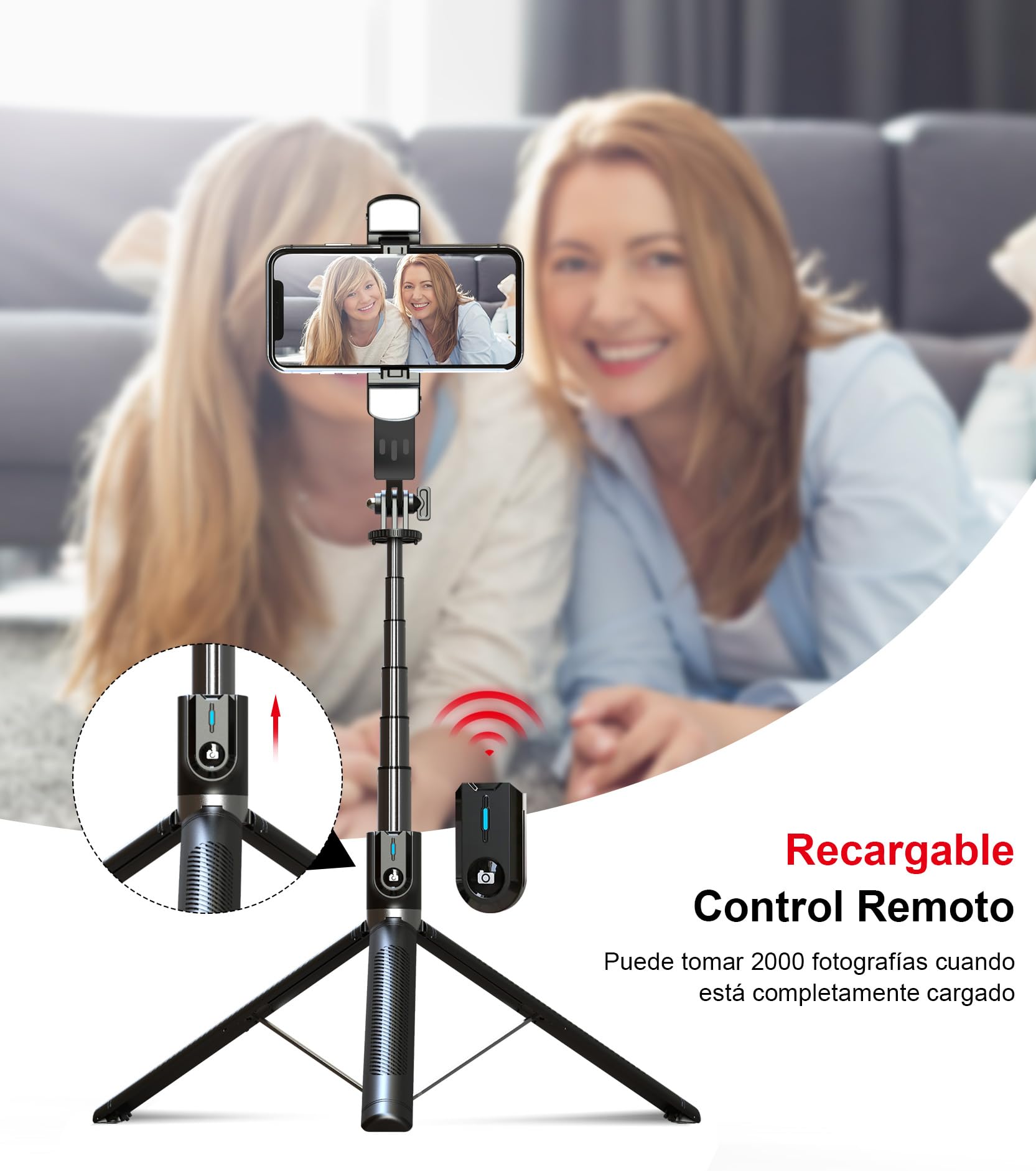 ASHINER Palo Selfie Tripode para Movil - 180cm Soporte de Teléfono con Control Remoto y Luces LED de Relleno para Viajes, Vlogging, Video, Fotos, Compatible con iPhone, Android
