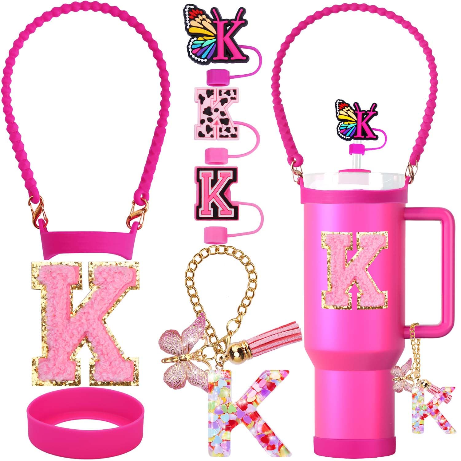 ZYBIDEAL 8PCS Accessories Set for Stanley Cup, 3PCS 0.4 IN Letter Straw Cover, 1PC Silicone Bottle Handle, 1PC Boot for Stanley 30&40 Oz, 1PC Initial Charm, 1PC Initial Sticker (Letter K, Rose)