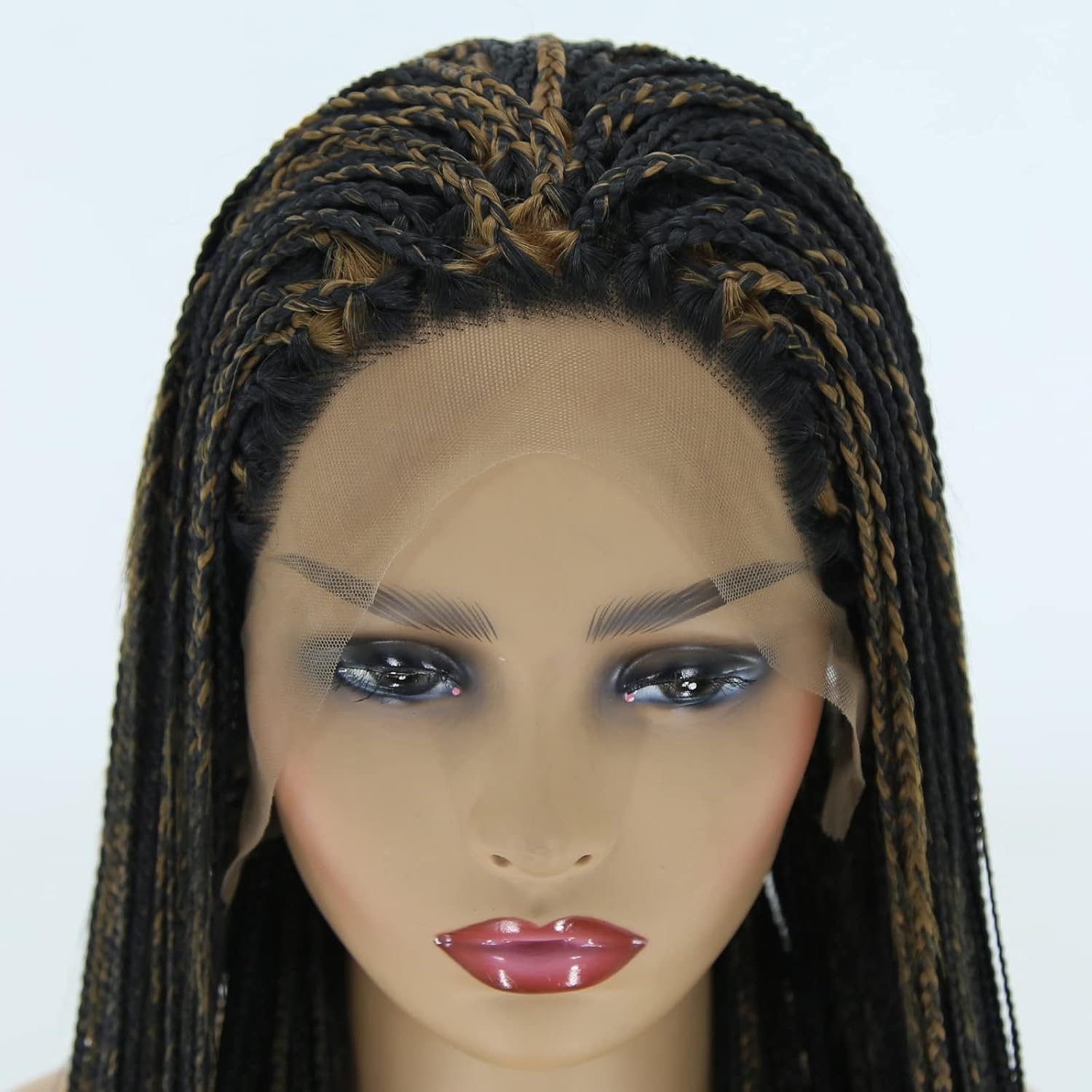 BTWTRY Synthetic Lace Front Wigs for Black Women Black Highlight #30 Color Heat Resistant Fiber Hair Micro Braided Hair Box Braids Wig (24inch, 1B Highlight #30)