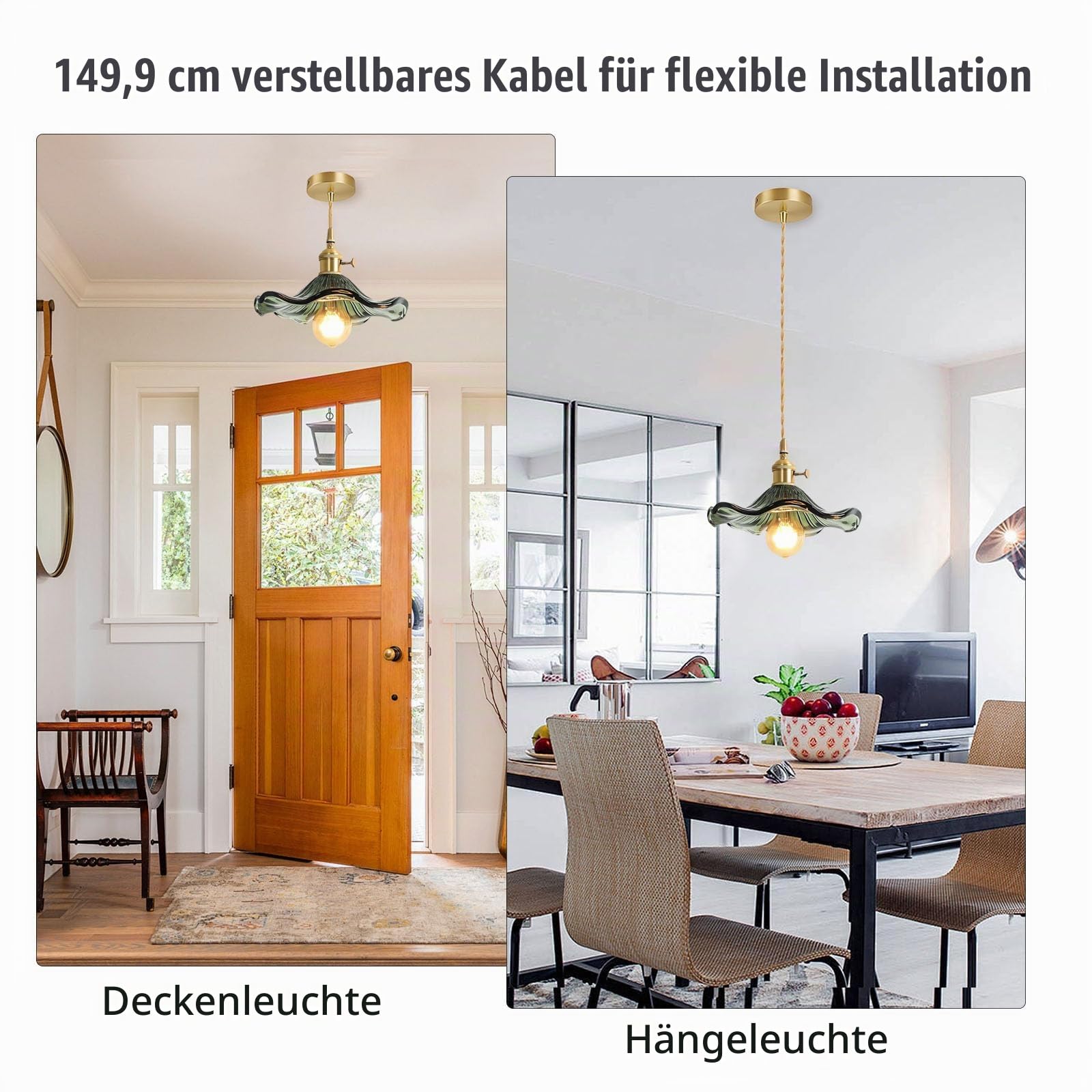 EKSED Glas-Pendelleuchte, Messing, goldene Fassung mit Schalter, Hängelampe, Deckenleuchte für Kücheninsel