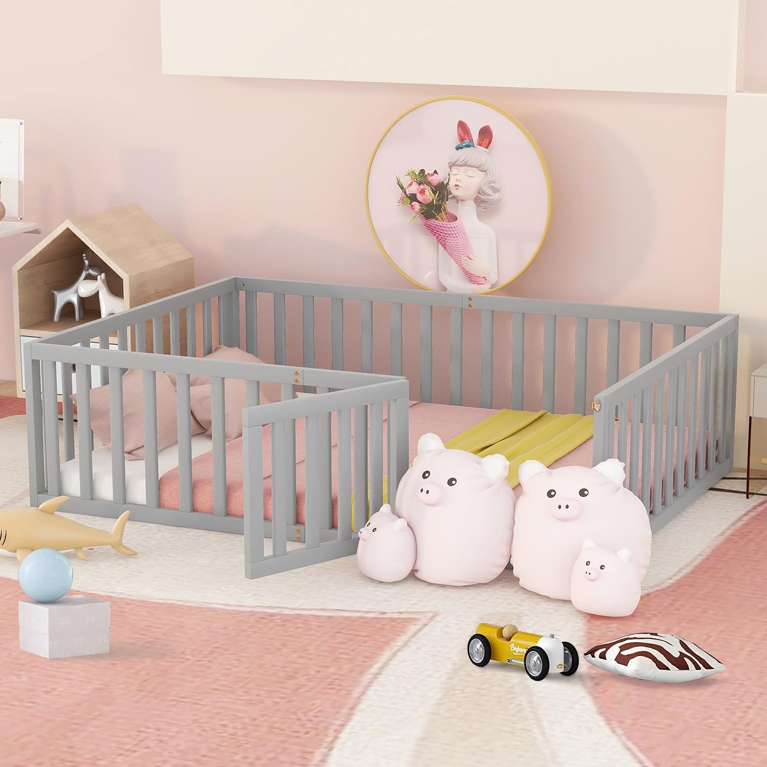 Queen Size Floor Bed for Children, Sturdy Wood Montessori Bed Frame with Fence & Door Montessori Floor Bed for Girls and Boys, Gray (No Bed Slats)