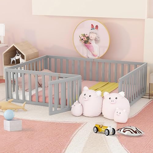 i-POOK Cama de suelo tamaño Queen para niños marco de cama Montessori de madera resistente con valla y puerta cama Montessori para niñas y niños