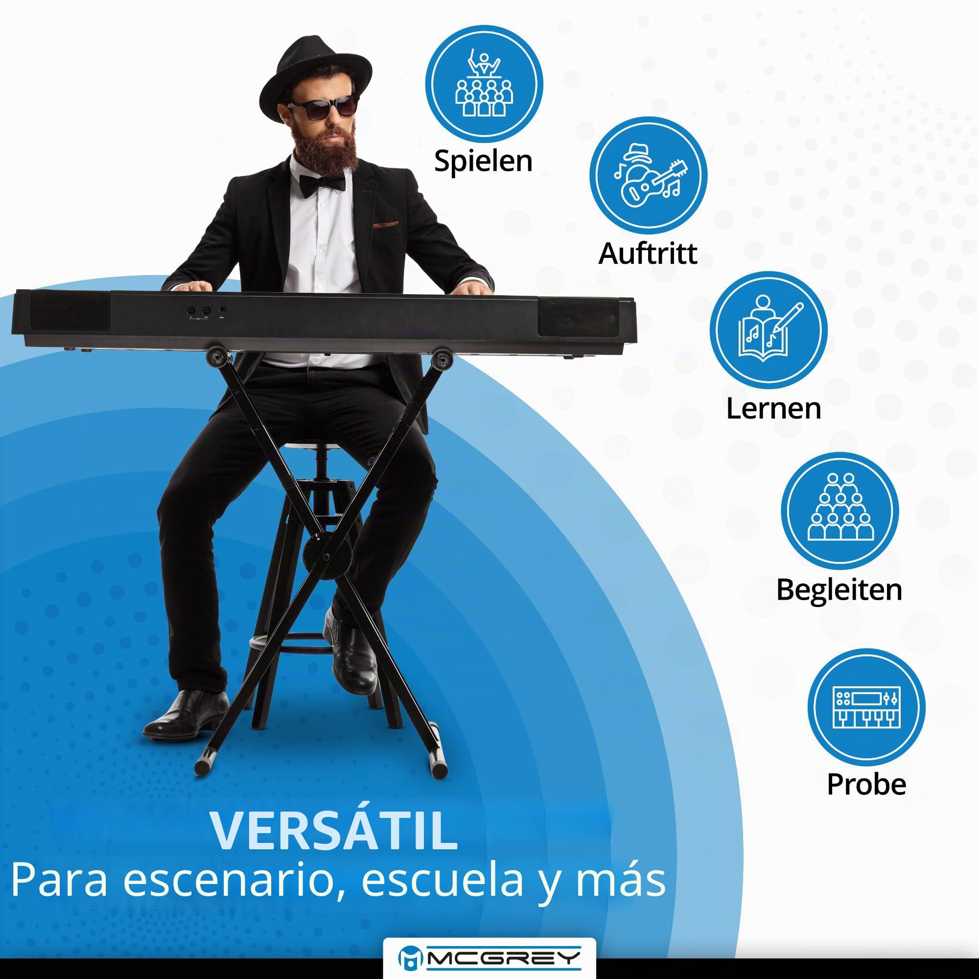 McGrey SK-88 piano digital super kit - Teclado electrònico de nivel básico con aspecto de piano de escenario y 88 teclas - 146 sonidos - incluye pedal, soporte, taburete y auriculares - Negro