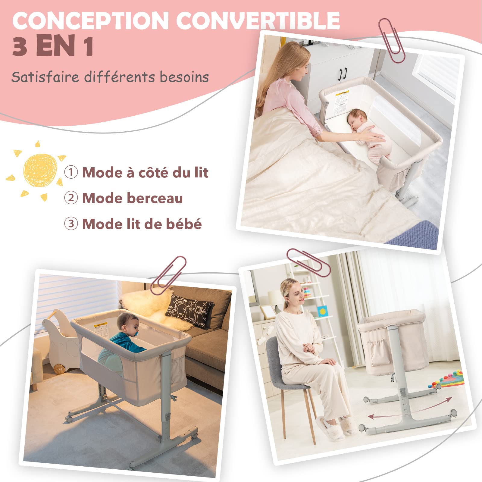 COSTWAY 3 en 1 Lit Cododo Bébé avec Matelas & 5 Hauteur Réglable, Lit Bébé Evolutif avec Inclinaison & 2 Sangles, Roues avec Frein, Sac de Transport, Charge 9kg pour 0-5 Mois, 86x63x81cm