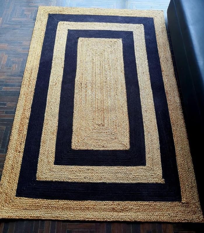 Image of F R Creation Jute Reversible Braided Natural & Handwoven Jute Carpet for Living Room Braided Rug, Offices Carpet, Guest Room Size (2X5 Feet Beige and Black)