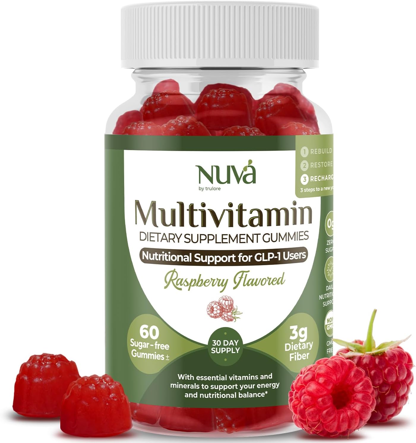 NuVa GLP-1 Support Multivitamin Gummies for Men & Women: Raspberry, Sugar-Free, 3g Fiber for Digestion & Gut Health, Vitamins & Minerals for Metabolic Balance, Gluten-Free, 60 Gummies - 30 Day Supply