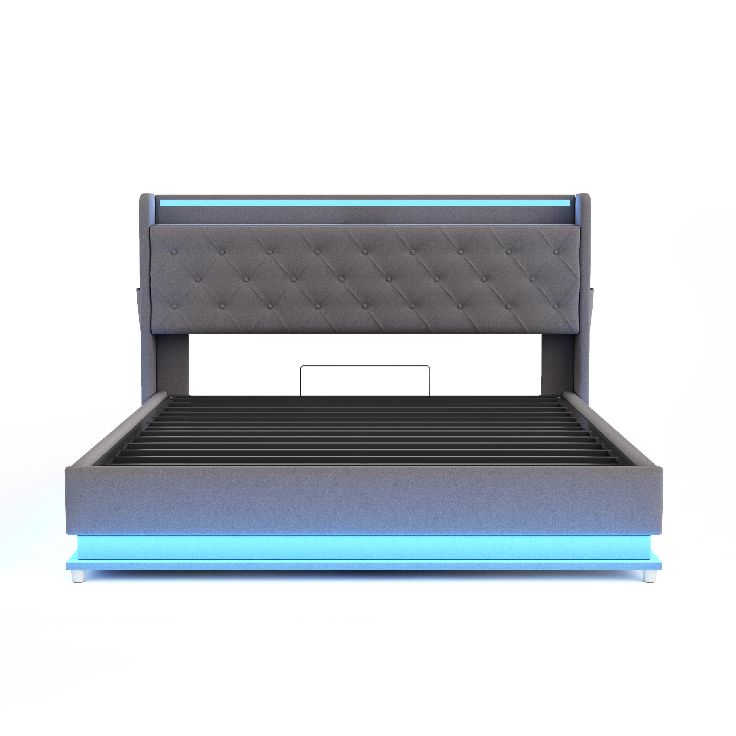 Cama Matrimonio 160x200 cm, Cama Tapizada con USB y Iluminación LED, Estructura Cama Doble con Almacenaje Hidráulica, Camas Matrimoniales con Láminas de Metálicas, Lino, Gris, Sin Colchón