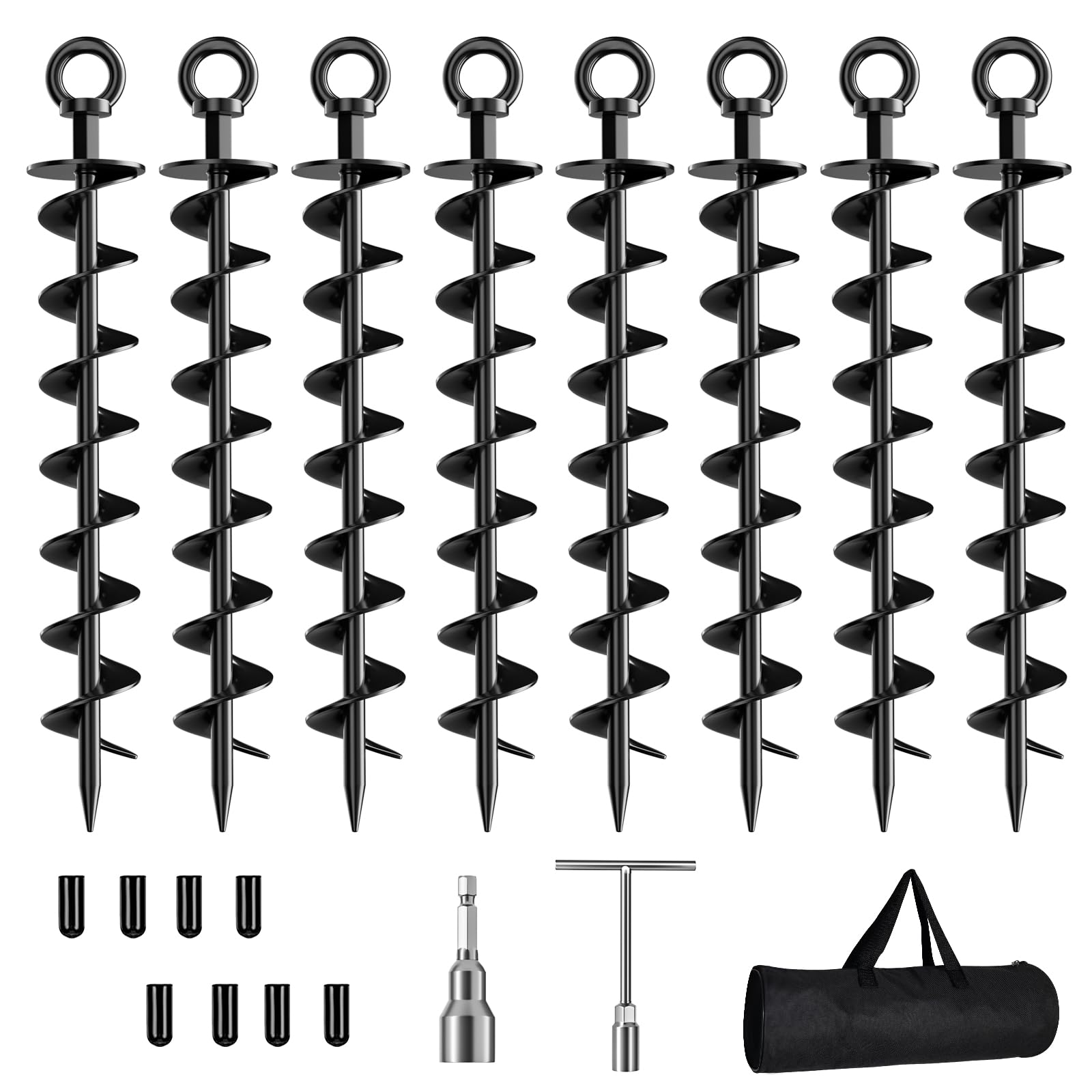 Ground Anchors Screw in, 8 Pack Spiral Trampoline Anchors with Nut and Tool Swing Set Anchors Tent Stakes High Wind Heavy Duty for Sheds, Carports, Mobile Home Black-image-44