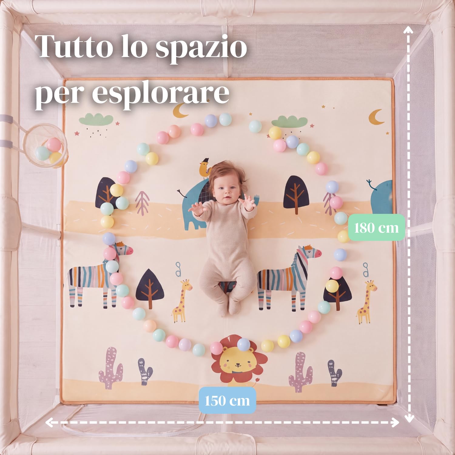 NUANUA Box Bambini XXL 150x180 cm - Recinto Neonato con Tappeto - Beige | Smontabile con materassino, palline, cesto e maniglie - piscina di palline per interno ed esterno - per bimbi 0-36 mesi
