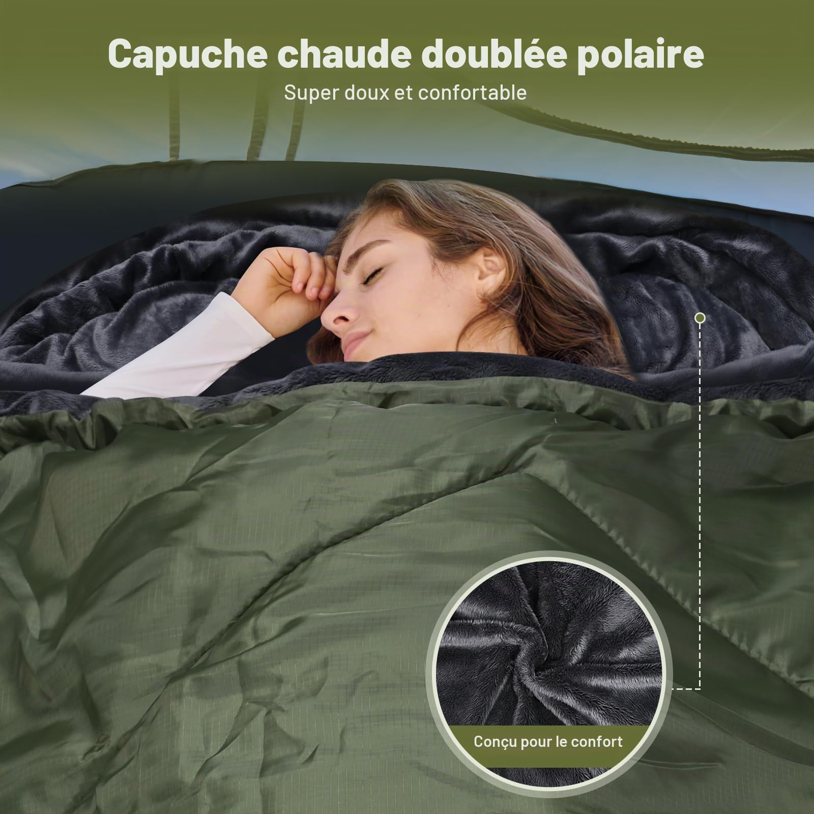 Sac de couchage en flanelle de coton avec capuche doublée en polaire, sac de couchage imperméable XL pour adultes, sac de couchage par temps froid, pour camping, randonnée ou randonnée, 3 à 4