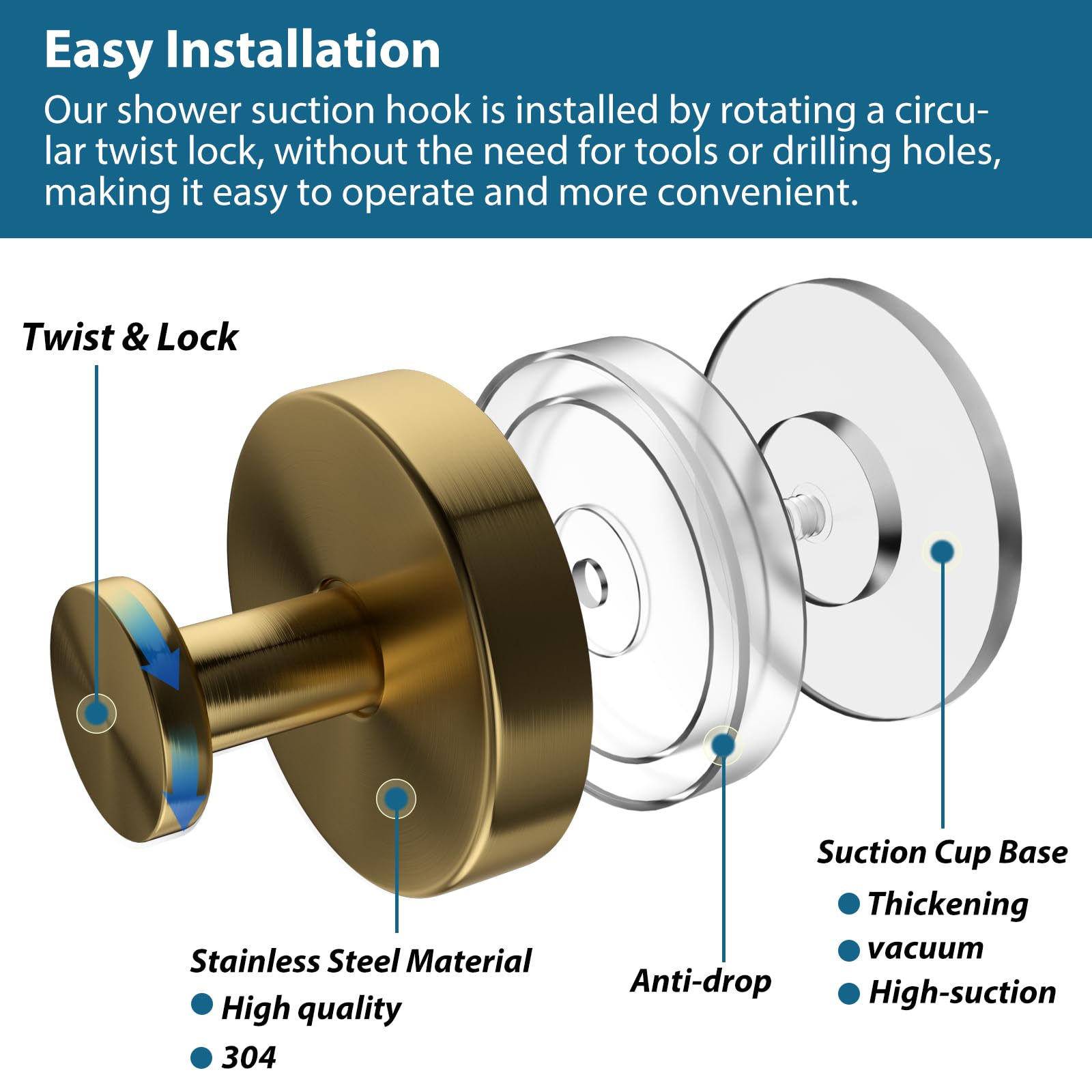 Suction Cup Hooks for Shower, 2 PCS No-Drill Towel Holder for Bathrooms Wall, Glass Door, Mirror, Tiles, Kitchen, Hold Robe & Wreath, Hanging up to 15 lbs – Waterproof & Rustproof, Loofah-Gold