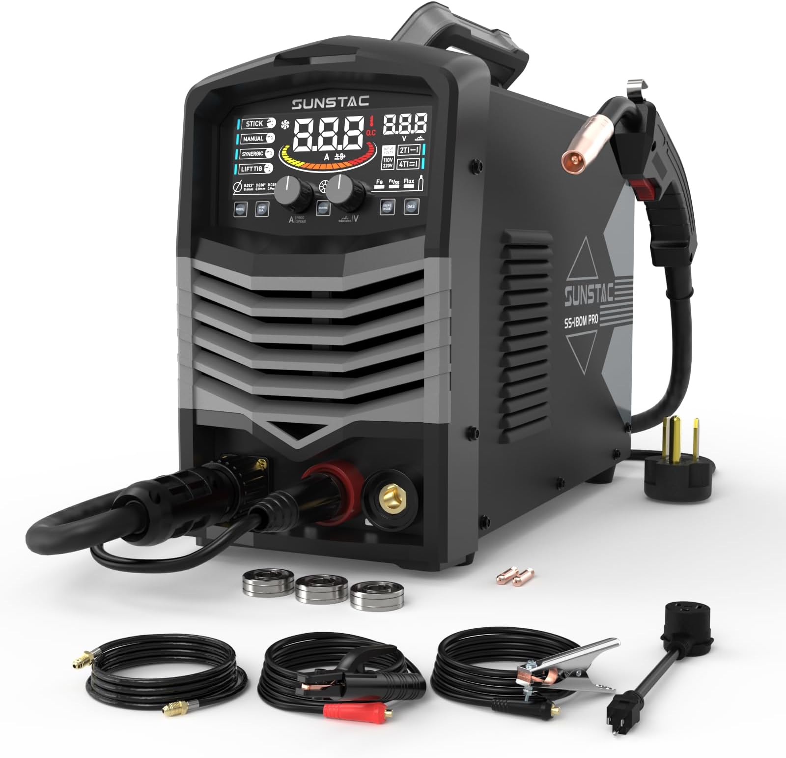 MIG Welder, 180A 110V/220V Gas MIG/Gasless MIG/Lift TIG/Stick 4 in 1 MIG Welding Machine, MIG with IGBT Inverter Synergic Control, Digital Screen Display and Over Loading Protection