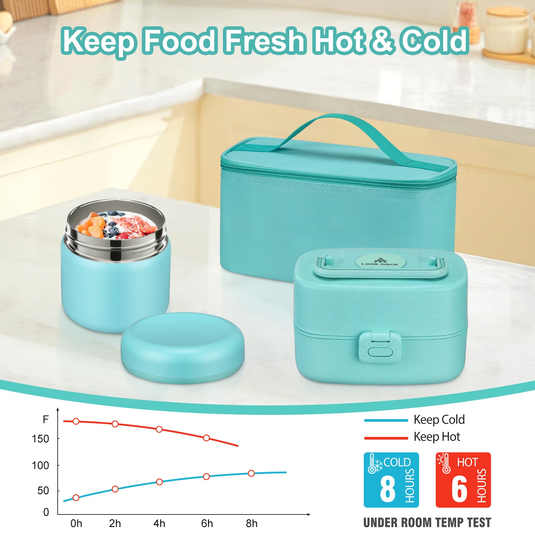 Pawtong Bento Lunch Box with 8oz Soup Thermo, Kids Sustainable Bento Box Leakproof Lunch Food Containers with Lunch Bag, Kids Thermo Insulated Hot Food Jar for School, Trvael (): Blue