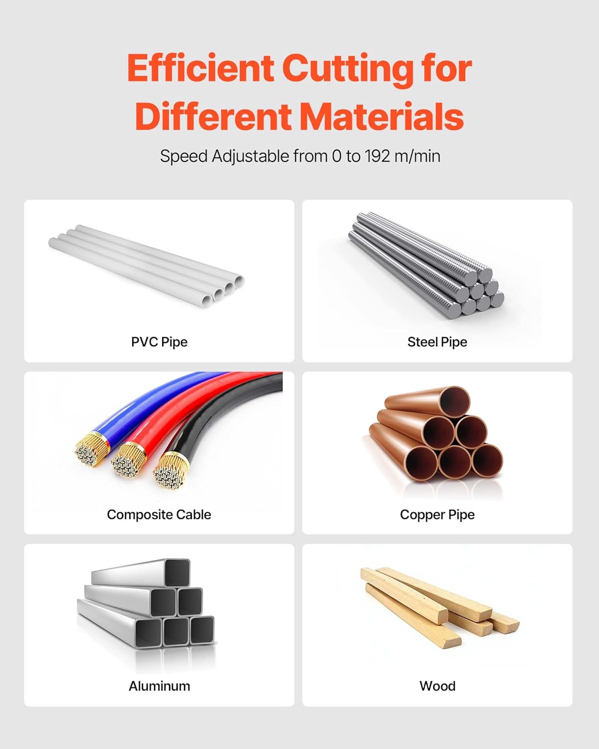 Images of various materials that can be cut: PVC pipe, steel pipe, composite cable, copper pipe, aluminum, wood